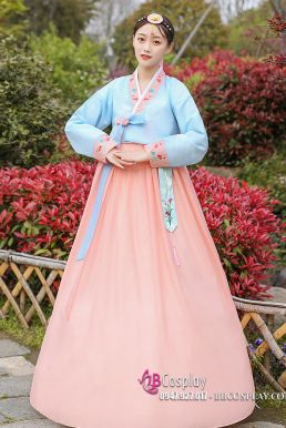 Trang Phục Hanbok Hàn Áo Xanh Váy Carot Viền Carot Thêu Hoa