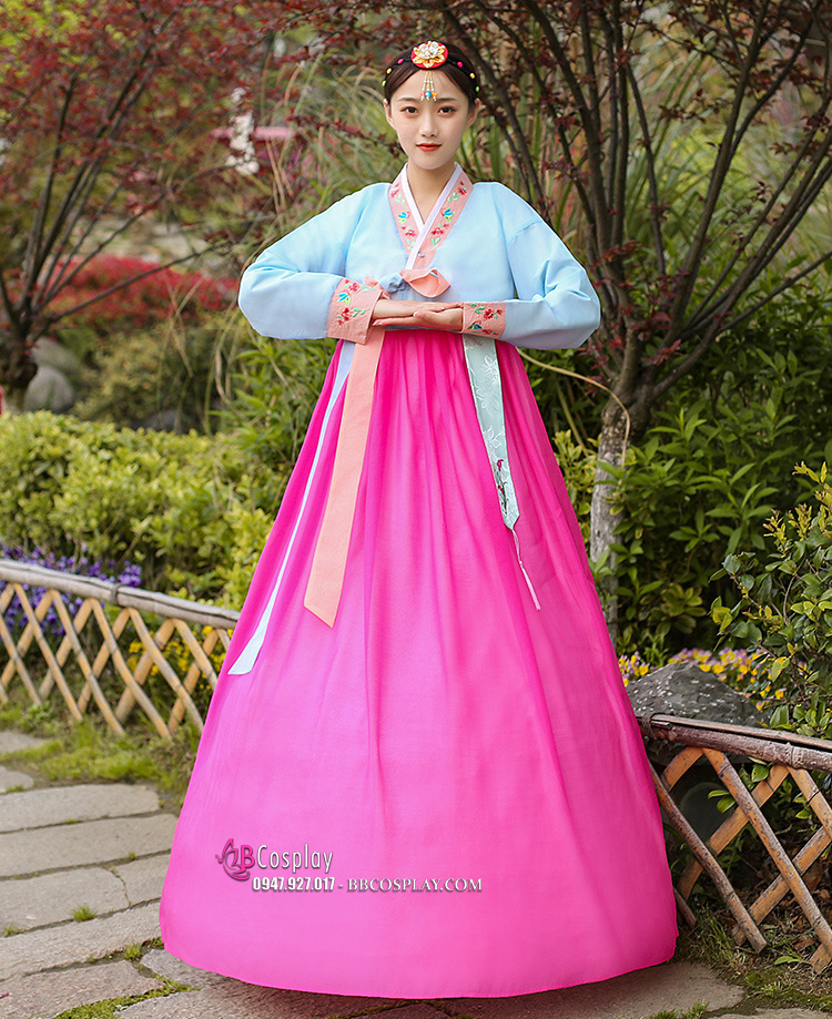 Trang Phục Hanbok HQ Đẹp Áo Xanh Váy Hồng Viền Carot Thêu Hoa