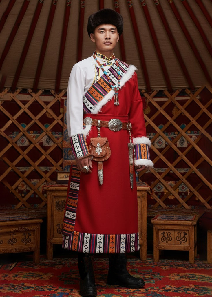 Trang Phục Cặp Đôi Mông Cổ Khoác Đỏ Viền Lông Trắng