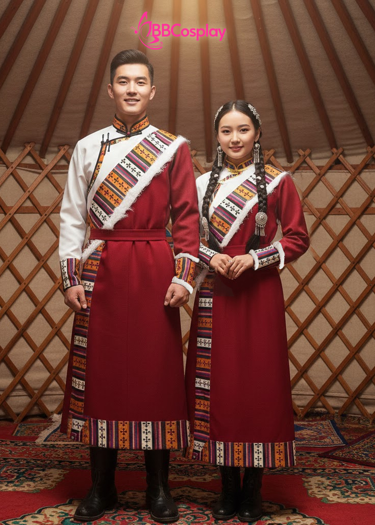 Trang Phục Cặp Đôi Mông Cổ Khoác Đỏ Viền Lông Trắng