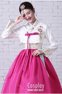 Đồ Hanbok Hàn Quốc Áo Thêu Váy 2 Tầng Hồng