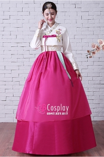 Trang Phục Hanbok Hàn Quốc Áo Thêu Váy 2 Tầng Hồng
