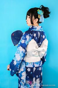 Yukata Xanh Dương Nền Hoa - Thắt Lưng Trắng