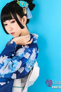 Yukata Xanh Dương Nền Hoa - Thắt Lưng Trắng