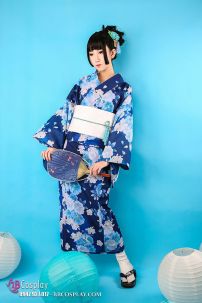 Yukata Xanh Dương Nền Hoa - Thắt Lưng Trắng