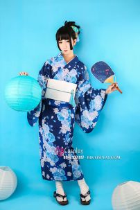 Yukata Xanh Dương Nền Hoa - Thắt Lưng Trắng