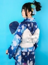 Yukata Xanh Dương Nền Hoa - Thắt Lưng Trắng