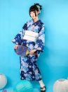 Yukata Xanh Dương Nền Hoa - Thắt Lưng Trắng