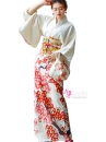 Kimono Nhật Bản Trắng Hoa Mận Đỏ Tặng Kèm Guốc