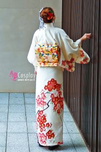 Kimono Nhật Bản Trắng Hoa Mận Đỏ Tặng Kèm Guốc