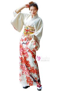 Kimono Nhật Bản Trắng Hoa Mận Đỏ Tặng Kèm Guốc
