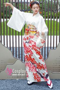 Kimono Nhật Bản Trắng Hoa Mận Đỏ Tặng Kèm Guốc