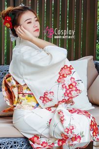 Kimono Nhật Bản Trắng Hoa Mận Đỏ Tặng Kèm Guốc