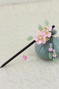 Trâm Cài Hoa Đào Hồng - Tua Rua Ngắn