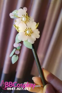 Trâm Cài Hoa Đào Hồng - Tua Rua Ngắn