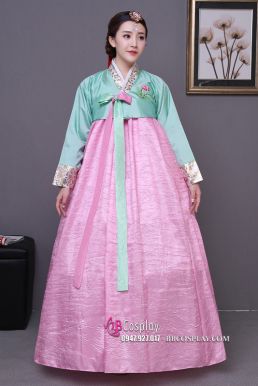 Bộ Hanbok Hàn Truyền Thống Áo Xanh Váy Hồng Mẫu Mới