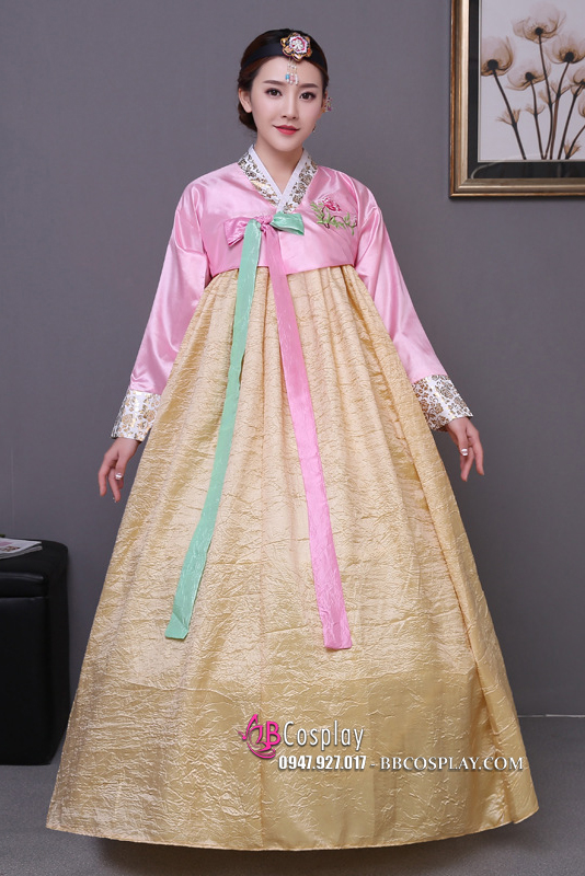Bộ Hanbok Hàn Quốc Cho Nữ Áo Hồng Váy Vàng Mẫu Mới
