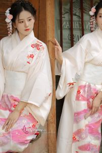 Áo Yukata Kimono Trắng Kem Tặng Kèm Thắt Lưng