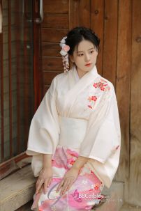 Áo Yukata Kimono Trắng Kem Tặng Kèm Thắt Lưng