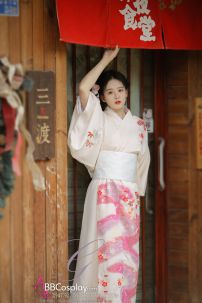 Áo Yukata Kimono Trắng Kem Tặng Kèm Thắt Lưng