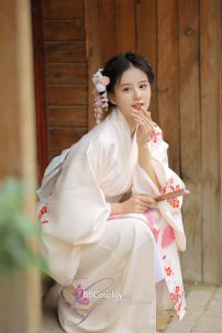 Áo Yukata Kimono Trắng Kem Tặng Kèm Thắt Lưng
