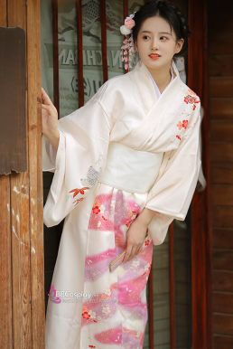 Áo Yukata Kimono Trắng Kem Tặng Kèm Thắt Lưng