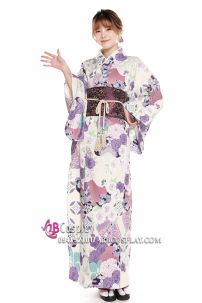 Yukata Hoa Tím Môn Nền Kem
