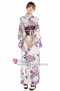 Yukata Hoa Tím Môn Nền Kem