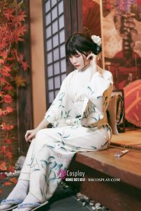 Yukata Tết Nền Kem Phối Họa Tiết Xanh