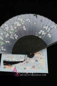 Quạt Xếp Hoa Đào Trắng Cán Đen