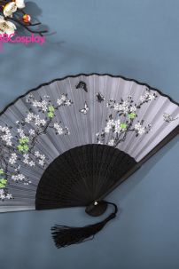Quạt Xếp Hoa Đào Trắng Cán Đen