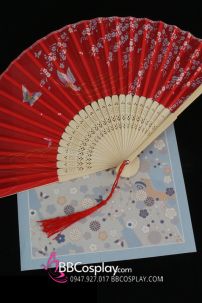 Quạt Xếp Hoa Đào Đỏ Bướm Lượn