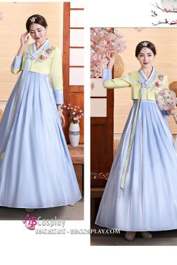 Hanbok Truyền Thống Hàn Quốc Rũ Váy Xanh Áo Vàng Lime Mẫu Mới Vải Cao Cấp