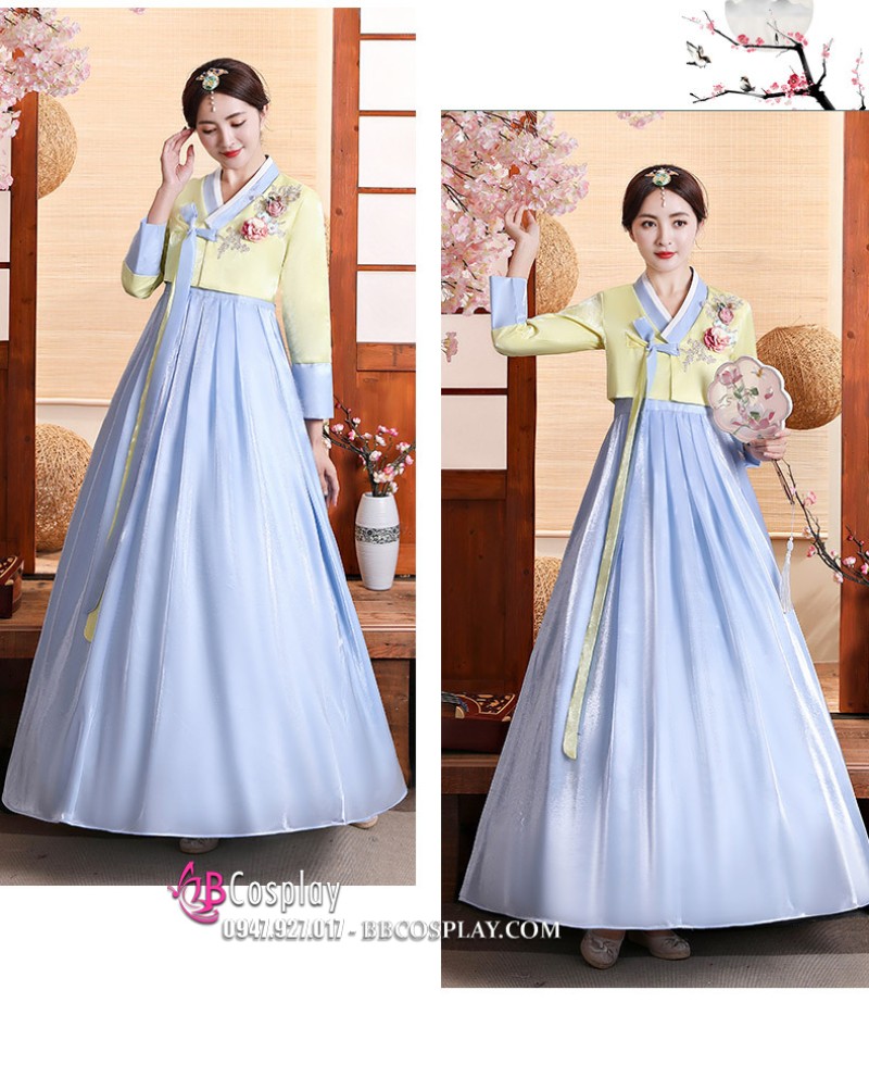Hanbok Truyền Thống Hàn Quốc Rũ Váy Xanh Áo Vàng Lime Mẫu Mới Vải Cao Cấp