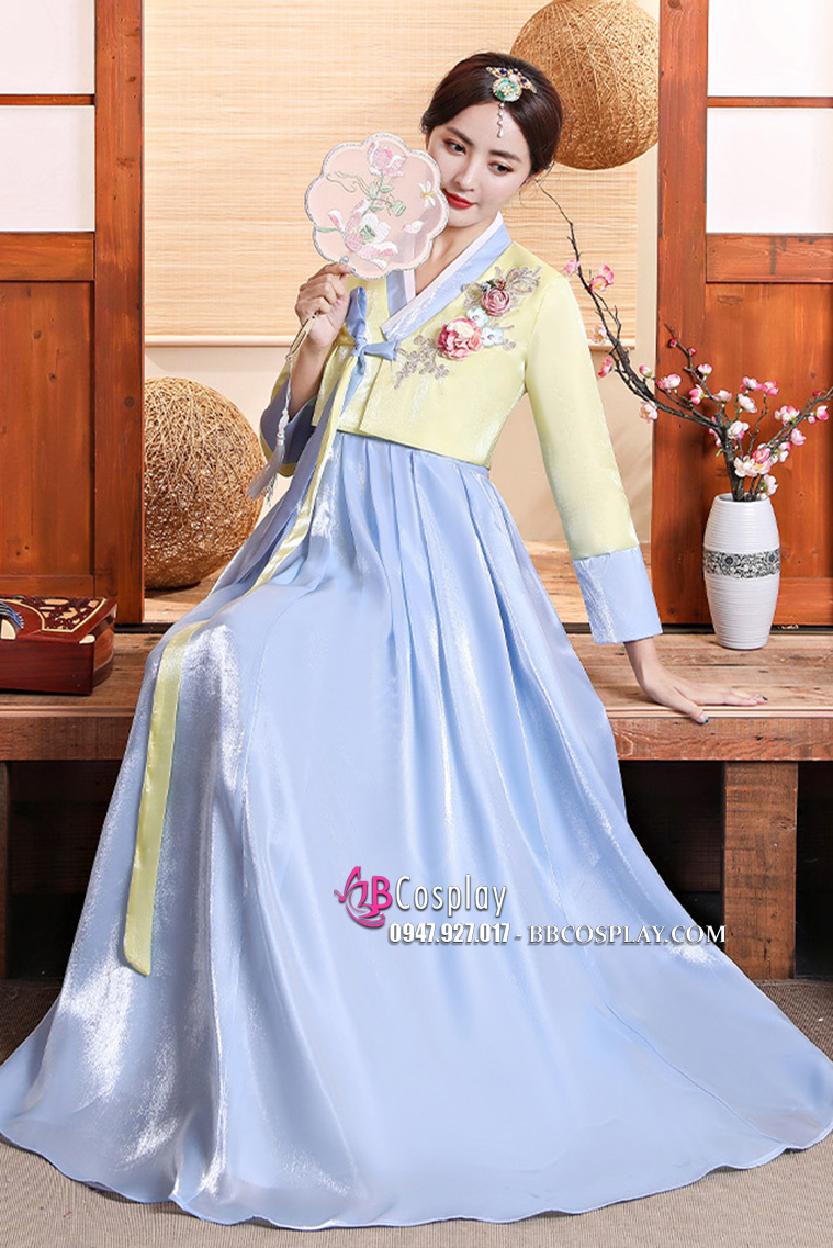 Bán Đồ Hanbok Truyền Thống Hàn Quốc Rũ Váy Xanh Áo Vàng Lime Mẫu Mới Vải Cao Cấp