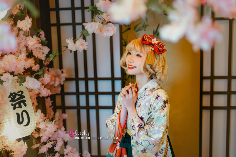 Kimono Hakama Xanh Rêu Nữ Hàng Cao Cấp