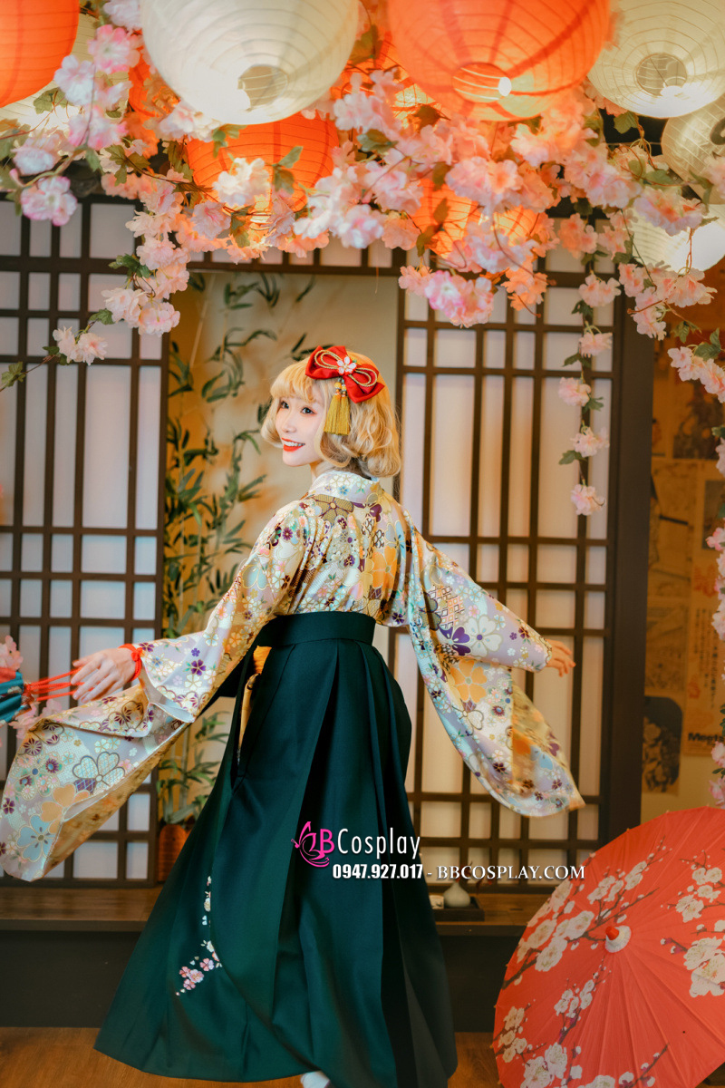 Kimono Hakama Xanh Rêu Nữ Hàng Cao Cấp