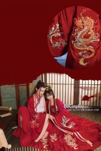 Hán Phục Cặp Đôi Song Long Hồng Môn Thêu Chính Hãng Váy 12M
