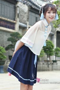 Hán Phục Cách Tân Áo Trắng Váy Xanh Cổ Tàu