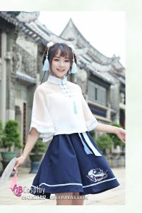 Hán Phục Cách Tân Áo Trắng Váy Xanh Cổ Tàu