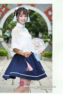 Hán Phục Cách Tân Áo Trắng Váy Xanh Cổ Tàu