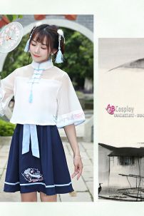 Hán Phục Cách Tân Áo Trắng Váy Xanh Cổ Tàu