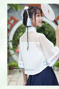 Hán Phục Cách Tân Áo Trắng Váy Xanh Cổ Tàu