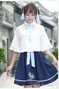Hán Phục Cách Tân Áo Trắng Váy Xanh Cổ Tàu