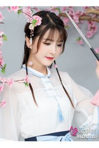 Hán Phục Cách Tân Áo Trắng Váy Xanh Cổ Tàu