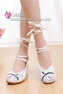 Giày Thêu Hạc Màu Trắng Dây Cột Cao - Đế 3.5Cm