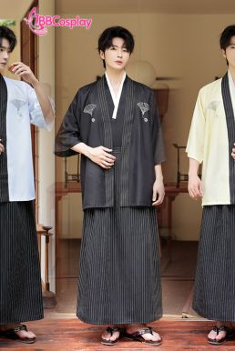 Samurai Kimono Nam Trắng Viền Đen