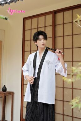 Samurai Kimono Nam Trắng Viền Đen
