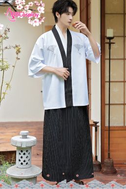 Samurai Kimono Nam Trắng Viền Đen