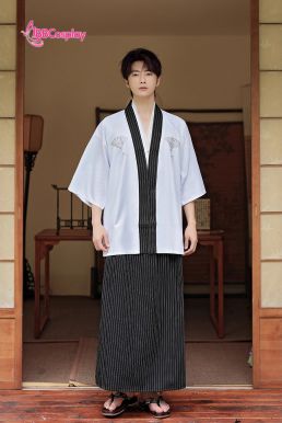 Samurai Kimono Nam Trắng Viền Đen